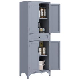 67" 4-Door Kitchen Pantry with Drawer and Adjustable Shelves, Gray