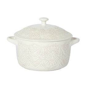 1QT Cocotte Casserole Baking Dish with Lid, Stoneware, Vintage Lace, Linen
