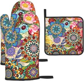 Boho Floral Oven Mitts And Pot Holders Sets of 3, Heat Resistant Non Slip Colorful Flower Kitchen Gloves Hot Pads