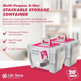 10-Pack Plastic Storage Box, Stackable Shoe Organizer Tote Containers, 6 Liter - Clear Bins and Boxes with Lids for Bedroom, Closet, Cabinet