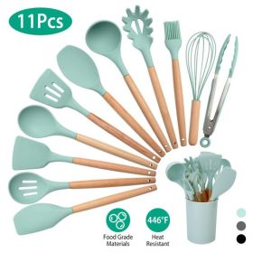 11Pcs Silicone Cooking Utensil Set Heat Resist Wooden Handle Silicone Spatula Ladle Spaghetti Server Tongs Spoon Egg whisk Kitchenware Set w/ Hol