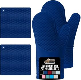 Free Soft Silicone Oven Mitts and Pot Holders Sets of 4, Heat Resistant Waterproof Cooking Gloves, Thick Cotton Lining (Color: Blue)
